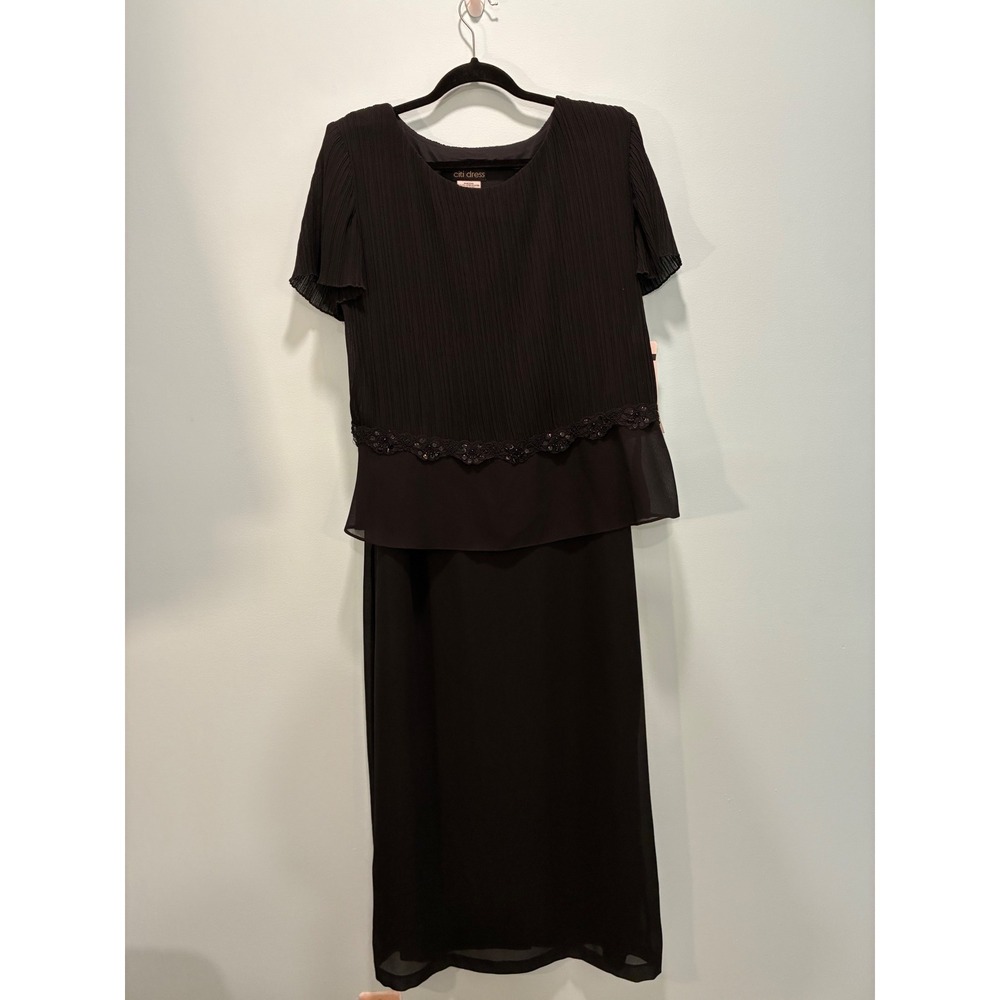 Citi Dress Womens Black Pleated Sequin Lace Trim Maxi Dress Size 16 NWT
